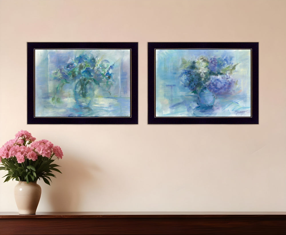Homeroots Set Of Two Susies Blue Bouquet 3 Black Framed Print Wall Art  Paper 407275