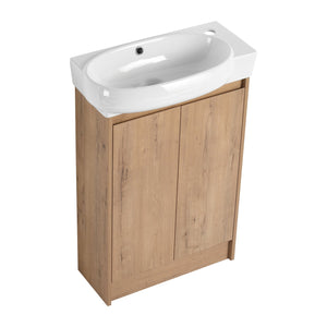 English Elm 23" Freestanding Bathroom Vanity with Ceramic Vessel Sink, Soft-Close Doors, Adjustable Shelf Storage Imitative Oak W999P206106