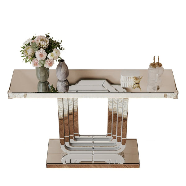 English Elm Mirrored Console Table Silver Glam Entryway Piece with Geometric U Base and Etched Detail W1445P370476