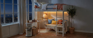 English Elm Full Size Loft Bed with Rotating Desk Led Lighting Sofa and Bookshelf Storage White LT000200AAK