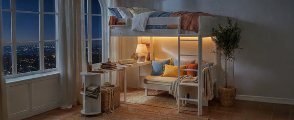 English Elm Full Size Loft Bed with Rotating Desk Led Lighting Sofa and Bookshelf Storage White LT000200AAK