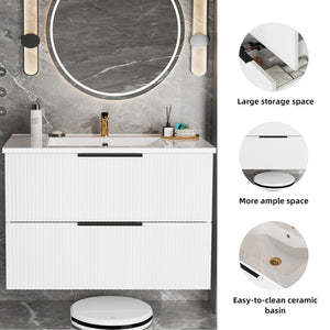 English Elm 36 Floating Bathroom Vanity with Ceramic Sink, Wall-Mounted 36" Modern Fluted Cabinet with Quiet Drawers Matte White 38.18 L x 22.83 W x 7.48 H W3520S00006