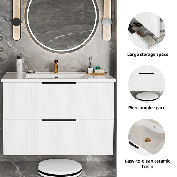 English Elm 36 Floating Bathroom Vanity with Ceramic Sink, Wall-Mounted 36" Modern Fluted Cabinet with Quiet Drawers Matte White 38.18 L x 22.83 W x 7.48 H W3520S00006