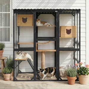 English Elm Outdoor Fir Wood Window Catio Enclosure with Four Climbing Platforms for Cats Black,Natural N719P418377N