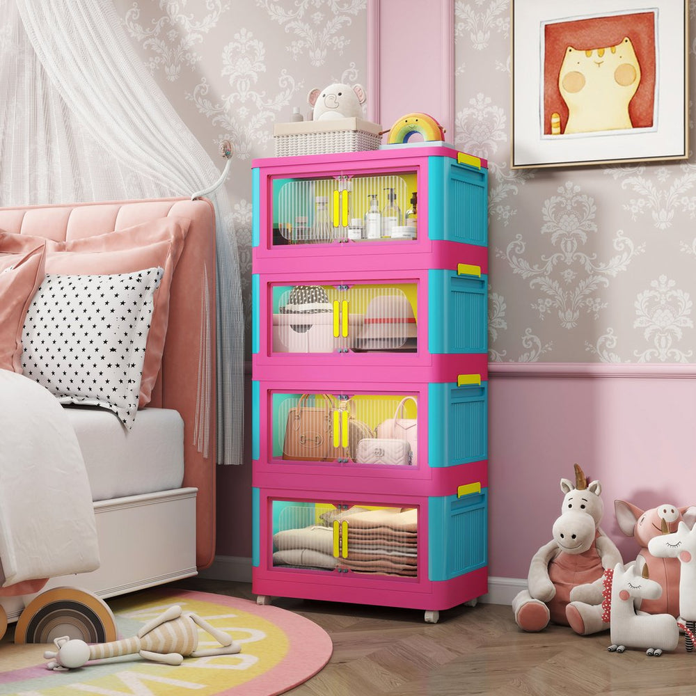 English Elm Happy 20" Side Wide Folding Storage Cabinet with 5 Tiers, Wheels, Magnetic Door, Durable PP Design Blue+Pink W2873P279883