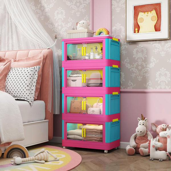 English Elm Happy 20" Side Wide Folding Storage Cabinet with 5 Tiers, Wheels, Magnetic Door, Durable PP Design Blue+Pink W2873P279883