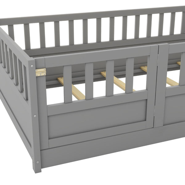 English Elm Twin Montessori Floor Bed With Safety Barrier & Easy-Swing Door - Sturdy Gray Wooden Frame For Kids W1858P164941-GIGA