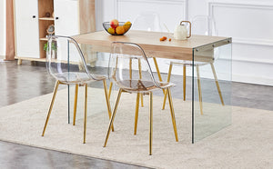 English Elm Table And Chair Set - Modern Wood Texture Mdf Coffee Table With Glass Legs & 4 Transparent Chairs W1151S02076-GIGA