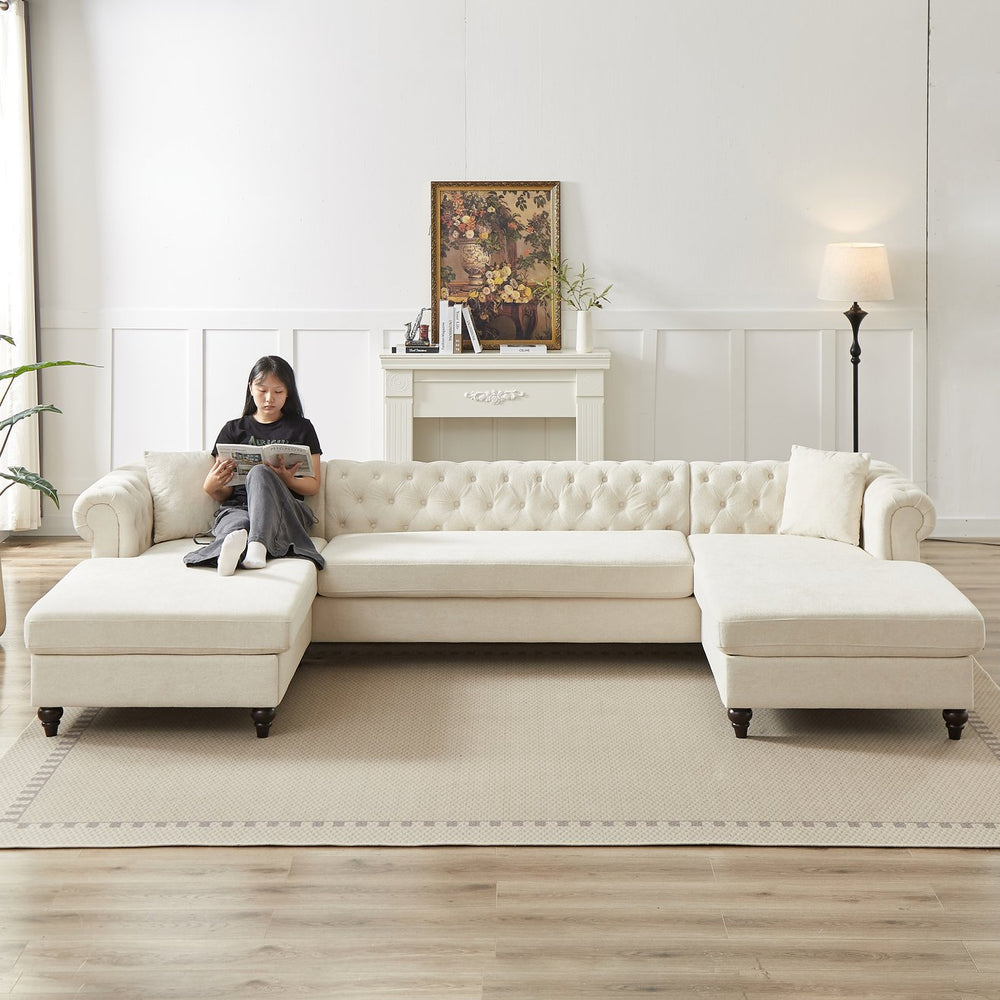 English Elm 135.5-inch Modern Chenille U-Shaped Sectional Sofa with Dual Chaise, Pull-Point Detail, Pillows, Wooden Legs Beige W1926S00045