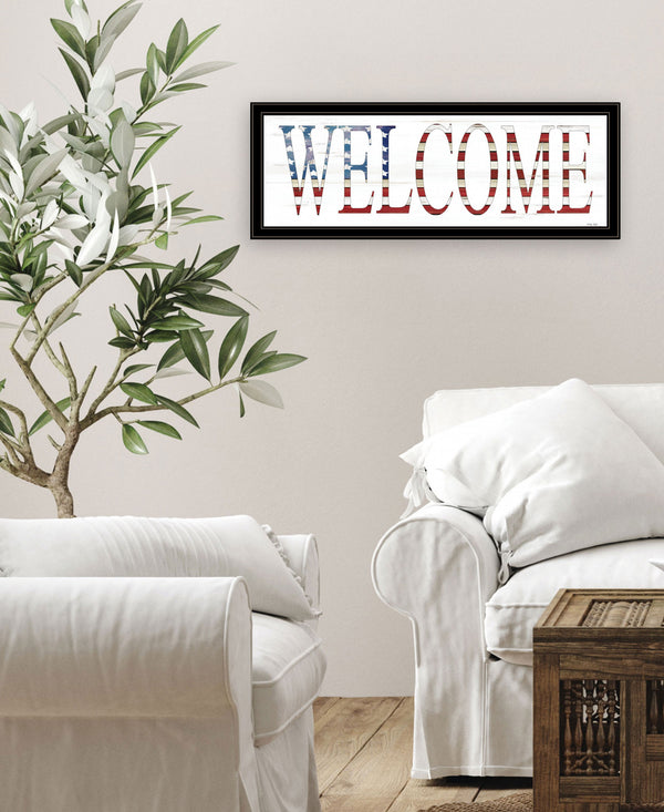 Homeroots Patriotic Welcome 2 Black Framed Print Wall Art Black And Gold Wood Print 407593