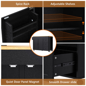 English Elm K&K 43.3" Kitchen Island with 27.6" Extendable Dining Table, Power Outlet, 7 Wheels, Ample Storage Black N707P303401B