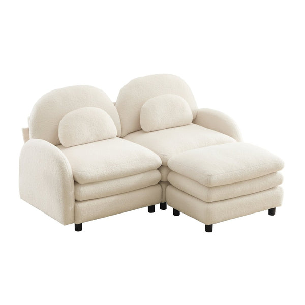 English Elm Teddy Fleece Modular Loveseat with Ottoman Curved Sculptural Sofa for Living Room Beige White W5656S00075