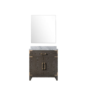 English Elm Brown Oak Single Bath Vanity With Carrara Marble Top & Matching Mirror - Elegant Storage Solution B2731S01453
