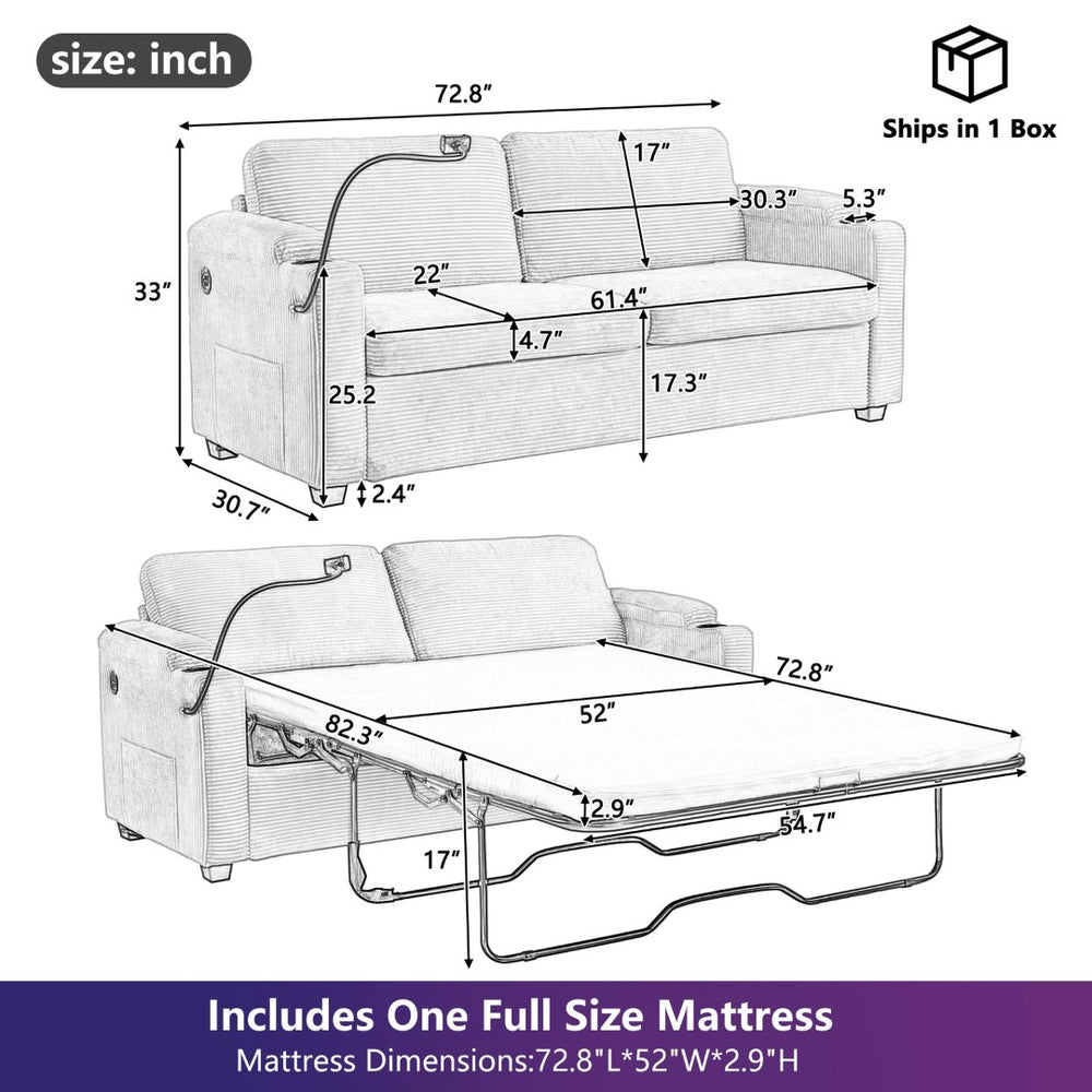 English Elm 72.8" Corduroy Convertible Loveseat with Full Bed Usb Charging and Storage Pockets N719P208880P