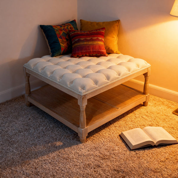 English Elm 33-inch Tufted Square Ottoman Coffee Table with Storage Shelf, Solid Wood Frame, Farmhouse Beige Elegance W3426P385593