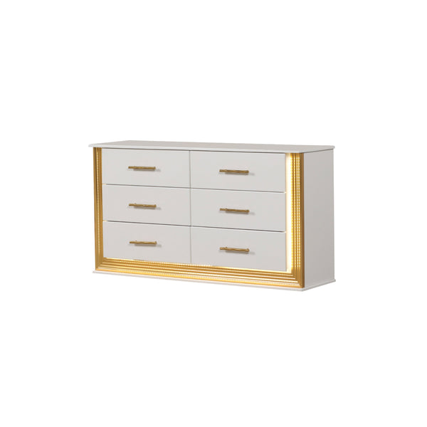 English Elm Obsession 6-Drawer Contemporary Dresser with LED Lighting, Gold Finish Wood Mix for Glam Bedrooms G150108856