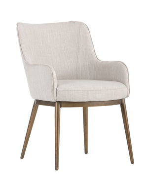 Sunpan Franklin Dining Armchair - Elegant Barrel Back Design with Antique Brass Frame for Modern Spaces Beige Linen