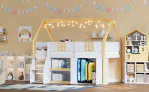 English Elm Twin-size Pine Low Loft Bed with House Canopy Step Stairs Storage Cabinet Led Lights N7090005033K