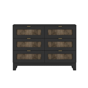 English Elm Rustic Farmhouse Wooden Dresser with 6 Drawers and Metal Handles — Spacious Storage, Stylish Bedroom Accent Black 52.17 L x 18.5 W x 11.81 H WF530908AAB