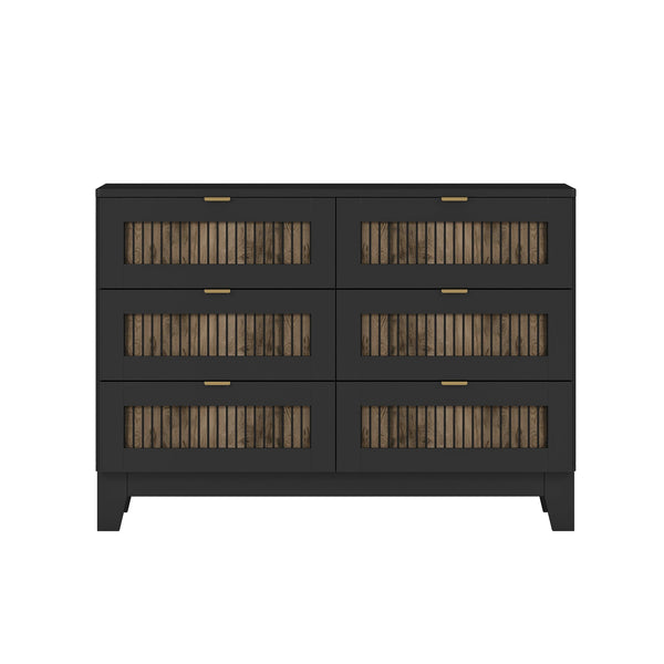 English Elm Rustic Farmhouse Wooden Dresser with 6 Drawers and Metal Handles — Spacious Storage, Stylish Bedroom Accent Black 52.17 L x 18.5 W x 11.81 H WF530908AAB