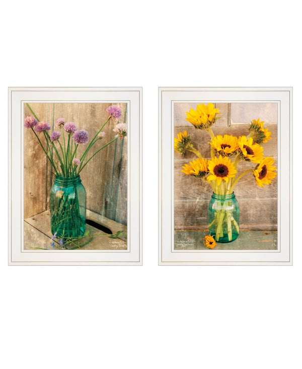 HomeRoots Set of Two Rustic Country Sunflowers and Chives Framed Prints for Charming Farmhouse Decor White 31 x 19 407903