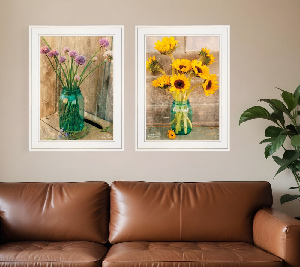 HomeRoots Set of Two Rustic Country Sunflowers and Chives Framed Prints for Charming Farmhouse Decor White 31 x 19 407903