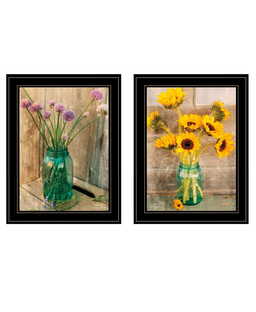 HomeRoots Set of Two Framed Country Sunflower and Chive Wall Art - Rustic Farmhouse Decor for Modern Homes 407904