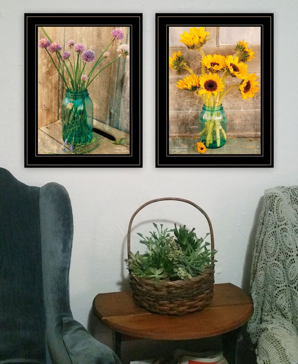 HomeRoots Set of Two Framed Country Sunflower and Chive Wall Art - Rustic Farmhouse Decor for Modern Homes 407904