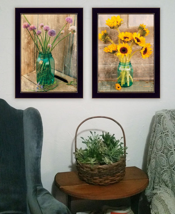 HomeRoots Set of Two Rustic Country Sunflowers and Chives Framed Prints for Charming Farmhouse Decor Black 29 x 18 407905