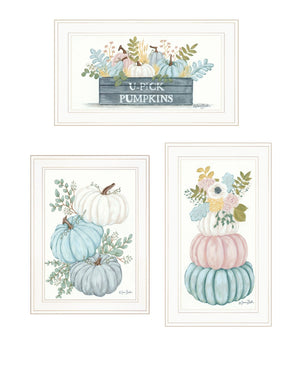 HomeRoots Set of Three Floral Pumpkins - Rustic Farmhouse Framed Wall Art for Seasonal Home Decor 407908