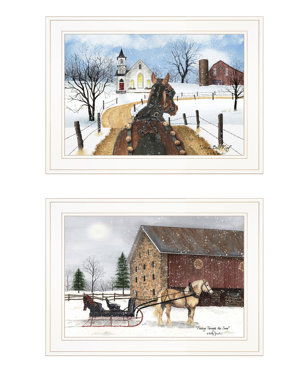 Homeroots Set Of Two Sleigh Bells Ringing White Framed Print Wall Art White Wood Print 407911