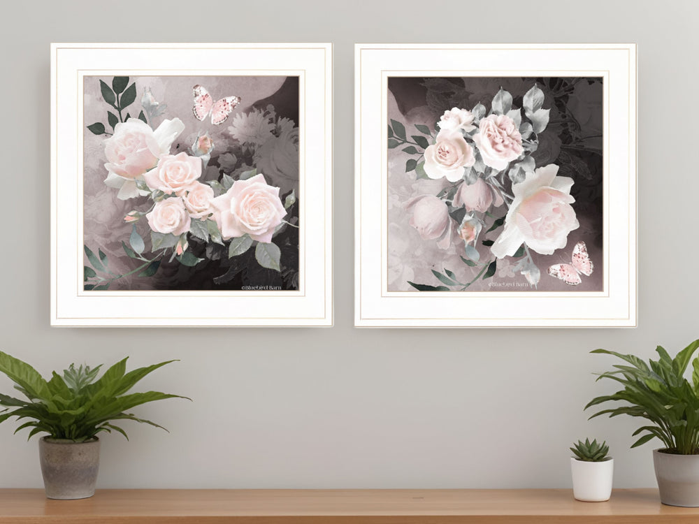 Homeroots Set Of Two Noir Roses 1 White Framed Print Wall Art  Wood Print 407918