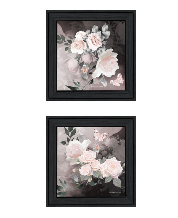 Homeroots Set Of Two Noir Roses 2 Black Framed Print Wall Art Charcoal Wood Print 407919