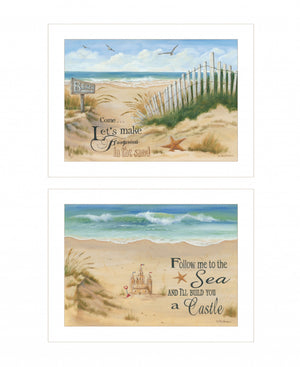 Homeroots Set Of Two Sand Castle And Footprints 1 White Framed Print Wall Art  Wood Print 407924