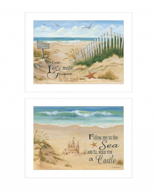 Homeroots Set Of Two Sand Castle And Footprints 1 White Framed Print Wall Art  Wood Print 407924