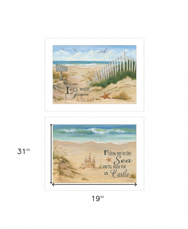 Homeroots Set Of Two Sand Castle And Footprints 1 White Framed Print Wall Art  Wood Print 407924