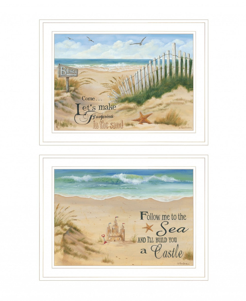 HomeRoots Set of Two Coastal Sand Castle and Footprints Framed Prints for Beach-Inspired Home Decor White and Gold 407925