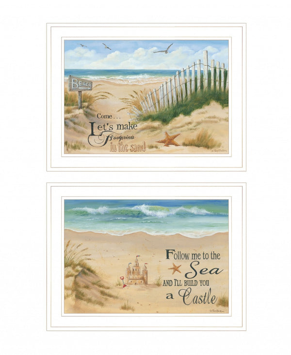 HomeRoots Set of Two Coastal Sand Castle and Footprints Framed Prints for Beach-Inspired Home Decor White and Gold 407925