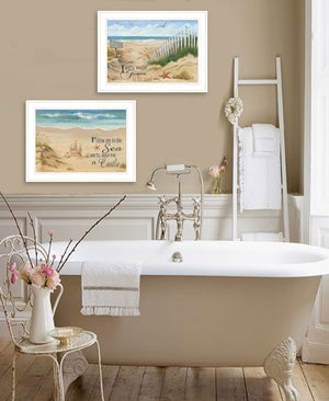 HomeRoots Set of Two Coastal Sand Castle and Footprints Framed Prints for Beach-Inspired Home Decor White and Gold 407925