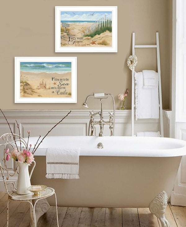 HomeRoots Set of Two Coastal Sand Castle and Footprints Framed Prints for Beach-Inspired Home Decor White and Gold 407925