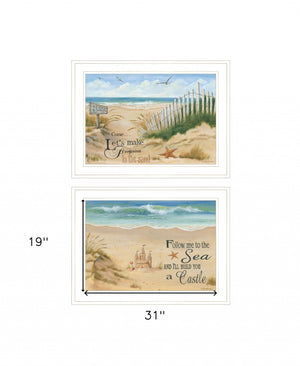 HomeRoots Set of Two Coastal Sand Castle and Footprints Framed Prints for Beach-Inspired Home Decor White and Gold 407925