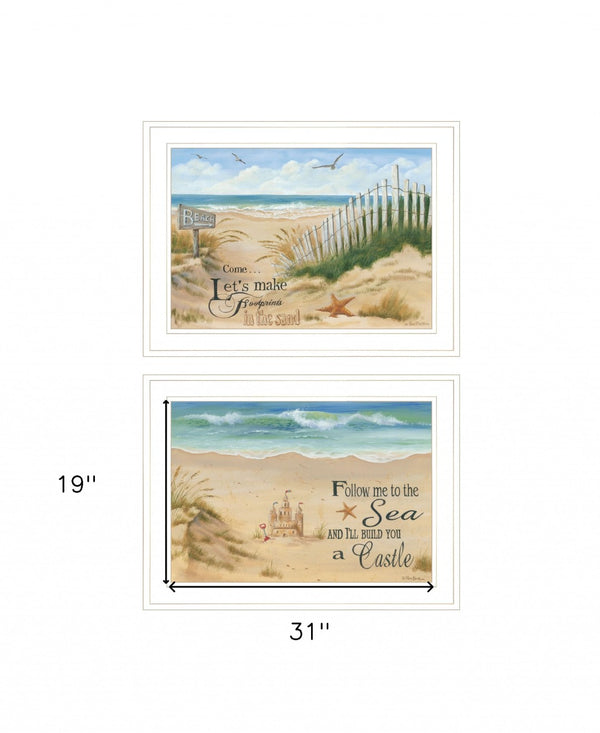 HomeRoots Set of Two Coastal Sand Castle and Footprints Framed Prints for Beach-Inspired Home Decor White and Gold 407925