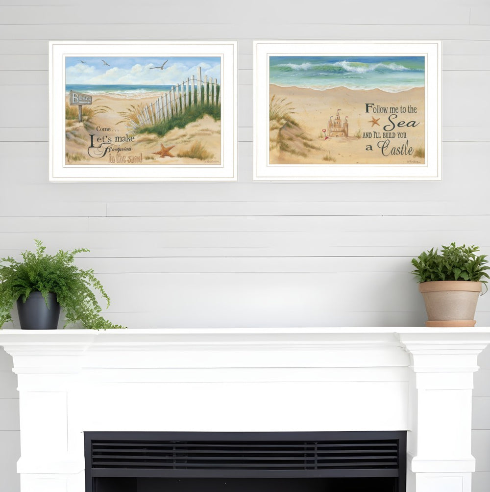 HomeRoots Set of Two Coastal Sand Castle and Footprints Framed Prints for Beach-Inspired Home Decor White and Gold 407925