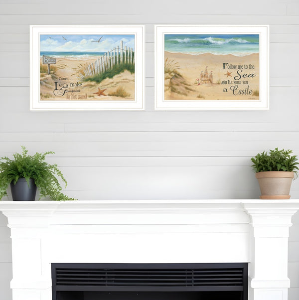 HomeRoots Set of Two Coastal Sand Castle and Footprints Framed Prints for Beach-Inspired Home Decor White and Gold 407925