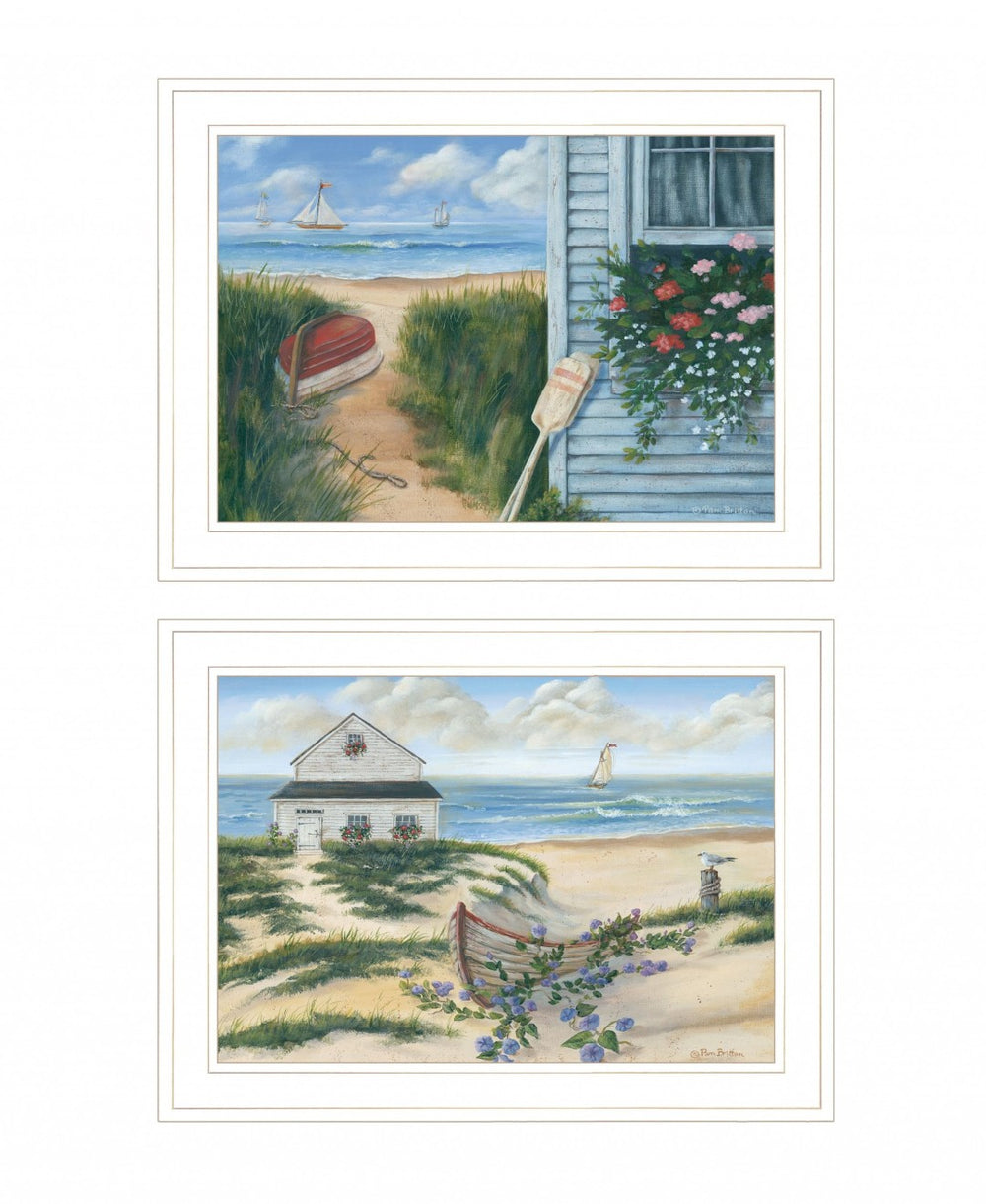 HomeRoots Set of Two Coastal-Themed Framed Prints - Sandcastle & Footprints Wall Art for Beachy Decor White and Gold 407927