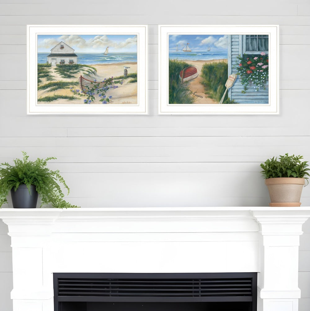 HomeRoots Set of Two Coastal-Themed Framed Prints - Sandcastle & Footprints Wall Art for Beachy Decor White and Gold 407927