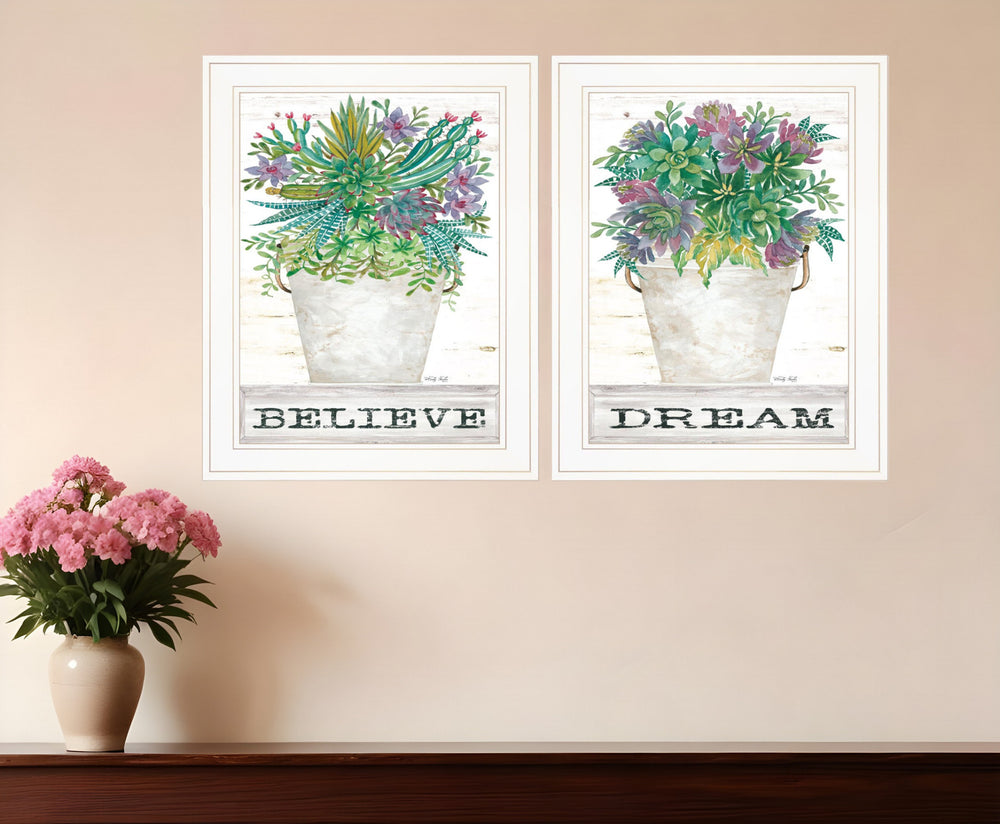 Homeroots Set Of Two Succulents Dream And Believe White Framed Print Wall Art  Wood Print 407931
