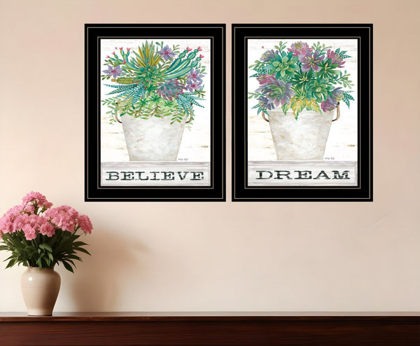 Homeroots Set Of Two Succulents Dream And Believe Black Framed Print Wall Art Black And Gold Wood Print 407932
