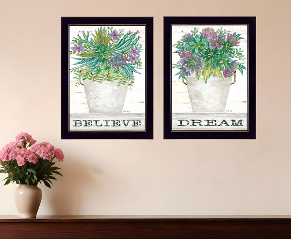 Homeroots Set Of Two Succulents Dream And Believe Black Framed Print Wall Art Black Wood Print 407933