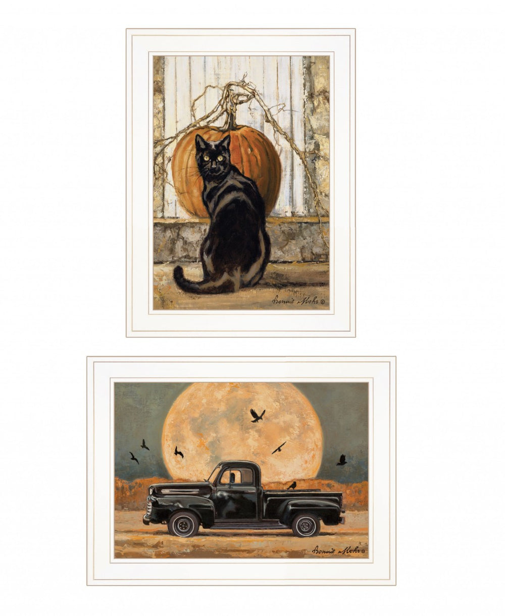 HomeRoots Set of Two Framed Harvest Moon Prints with Black Cat & Vintage Truck - Rustic Kitchen Wall Art Decor 407939